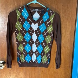 Liz Claiborne Brown and Blue V-Neck Argyle Sweater